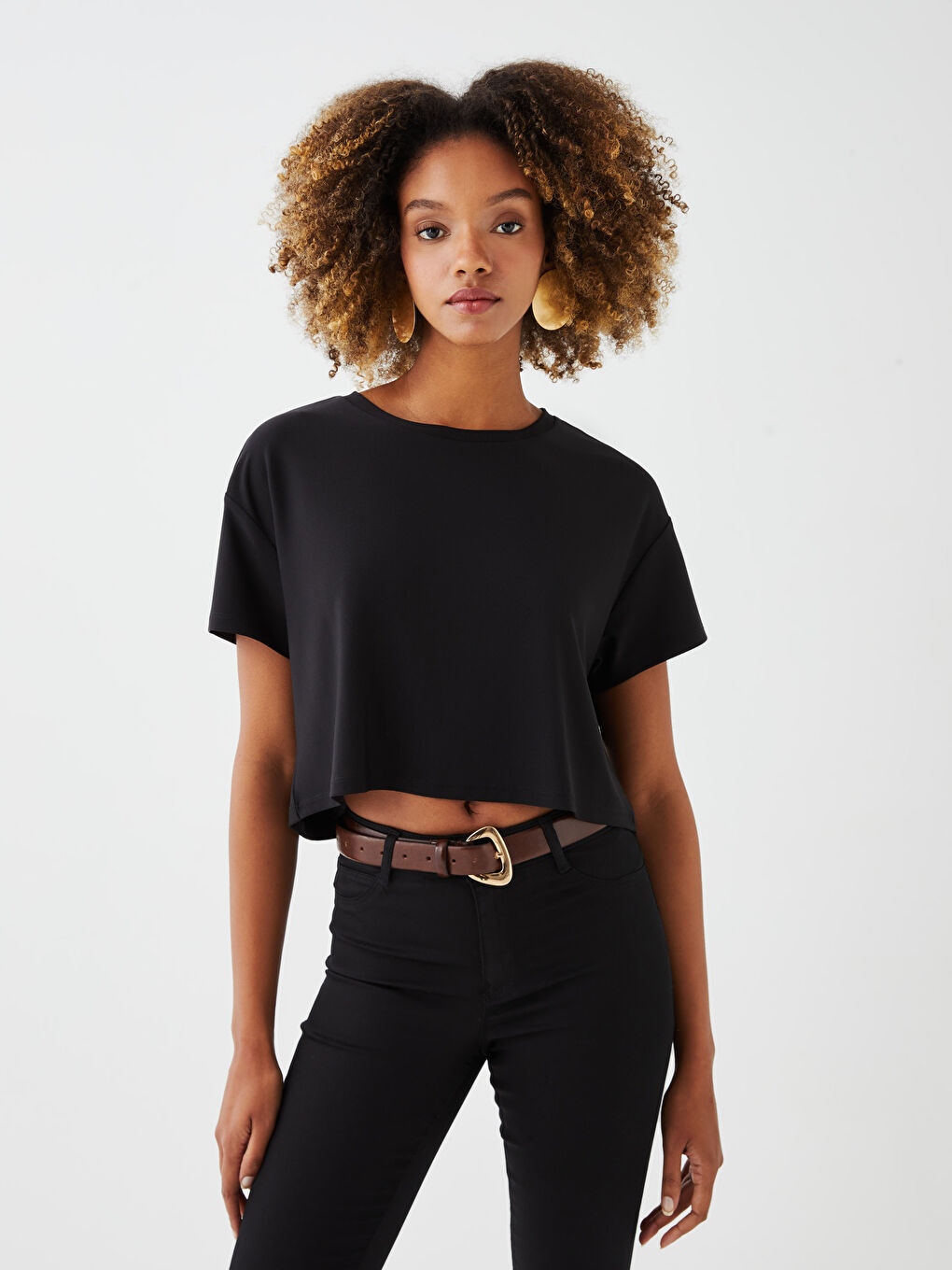 Crew Neck Plain Short Sleeve Women's Crop-1