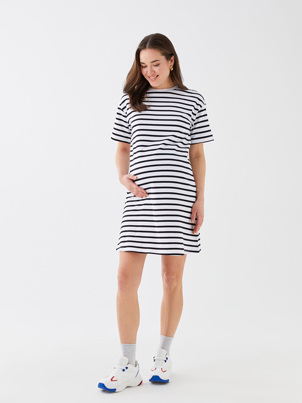 Siyah Bisiklet Yaka Çizgili Kısa Kollu Hamile Elbise