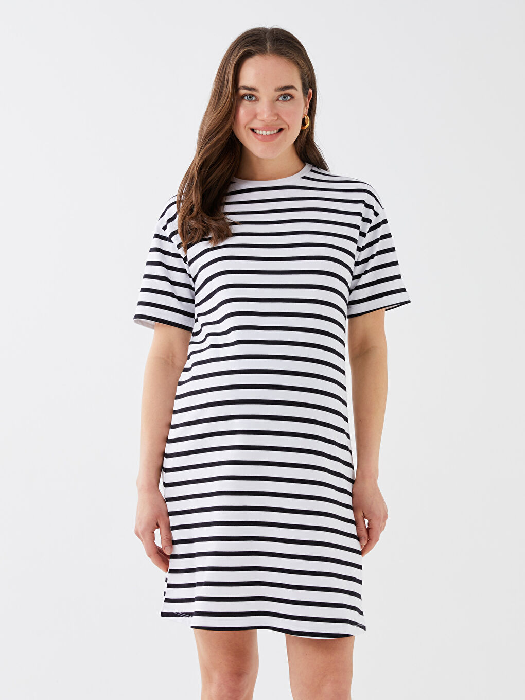 Siyah Bisiklet Yaka Çizgili Kısa Kollu Hamile Elbise-3