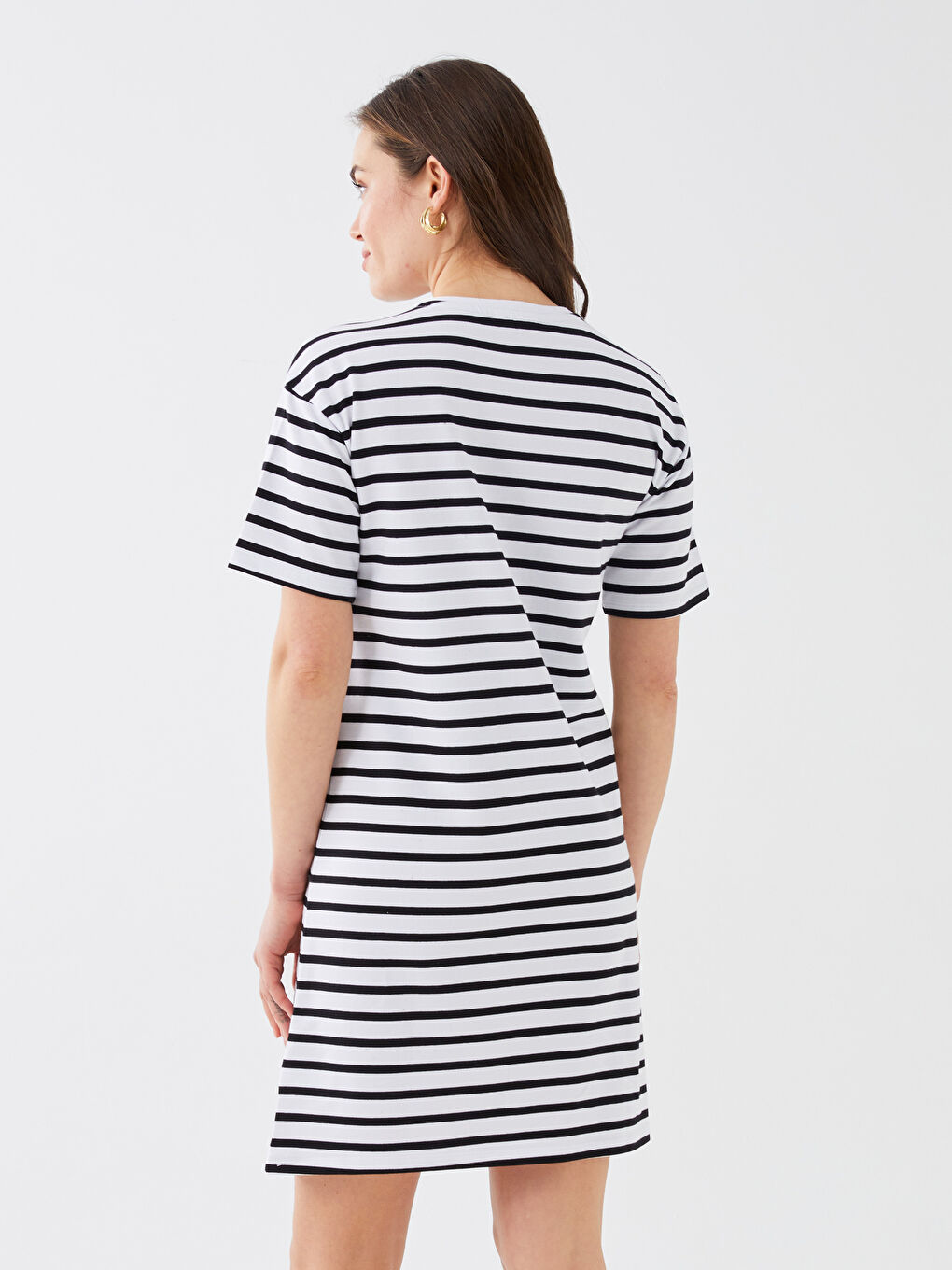 Siyah Bisiklet Yaka Çizgili Kısa Kollu Hamile Elbise-5