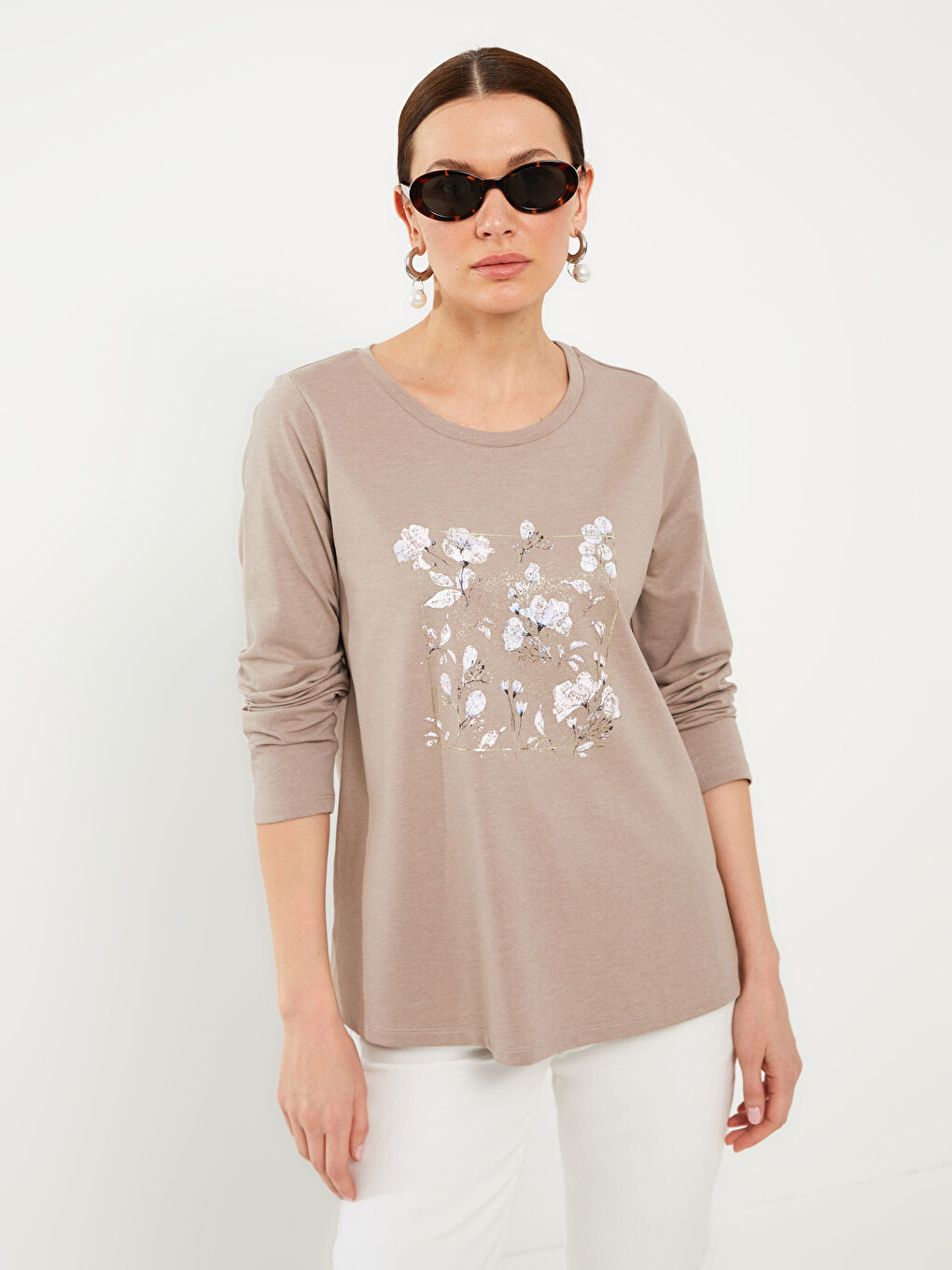Bej Bisiklet Yaka Baskılı Uzun Kollu Kadın Tişört