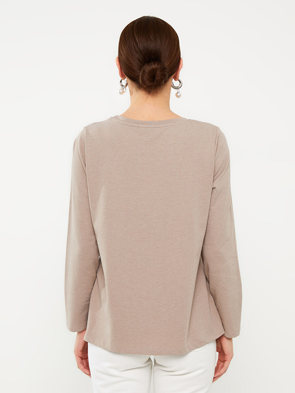 Bej Bisiklet Yaka Baskılı Uzun Kollu Kadın Tişört-4