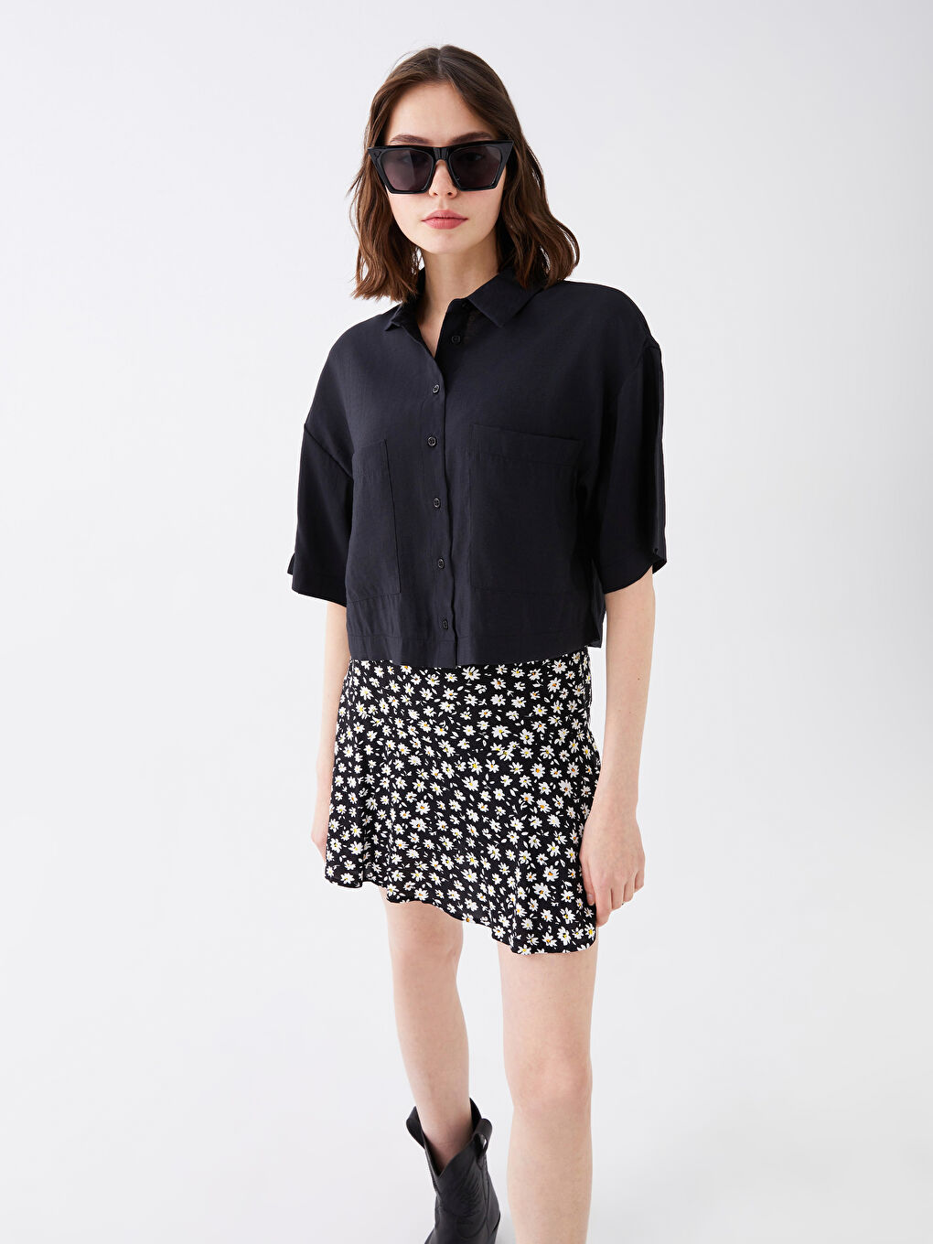 XSIDE Pocket Detailed Short Sleeve Women's Crop Shirt -S3FK29Z8-CVL