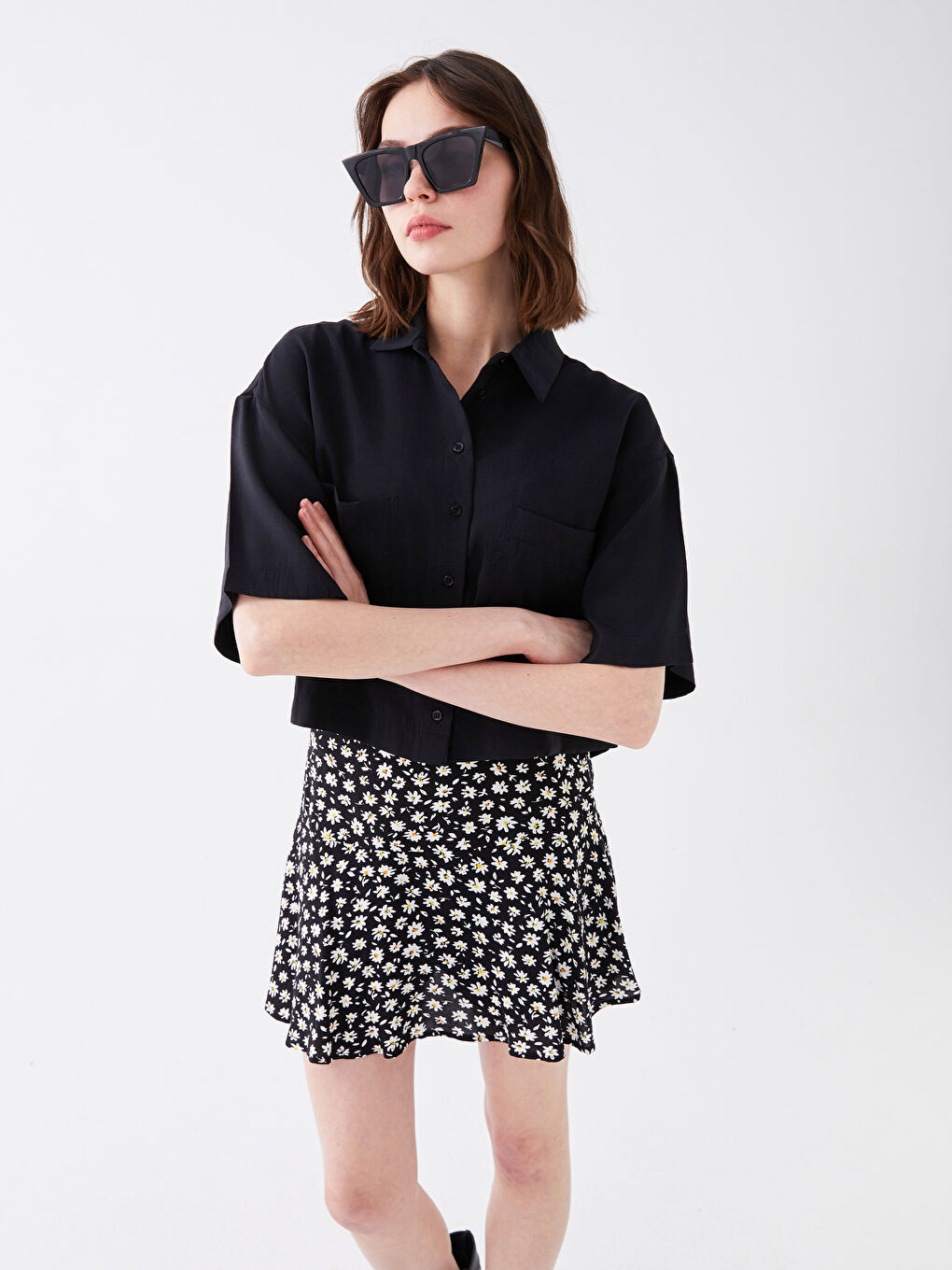 XSIDE Pocket Detailed Short Sleeve Women's Crop Shirt -S3FK29Z8-CVL