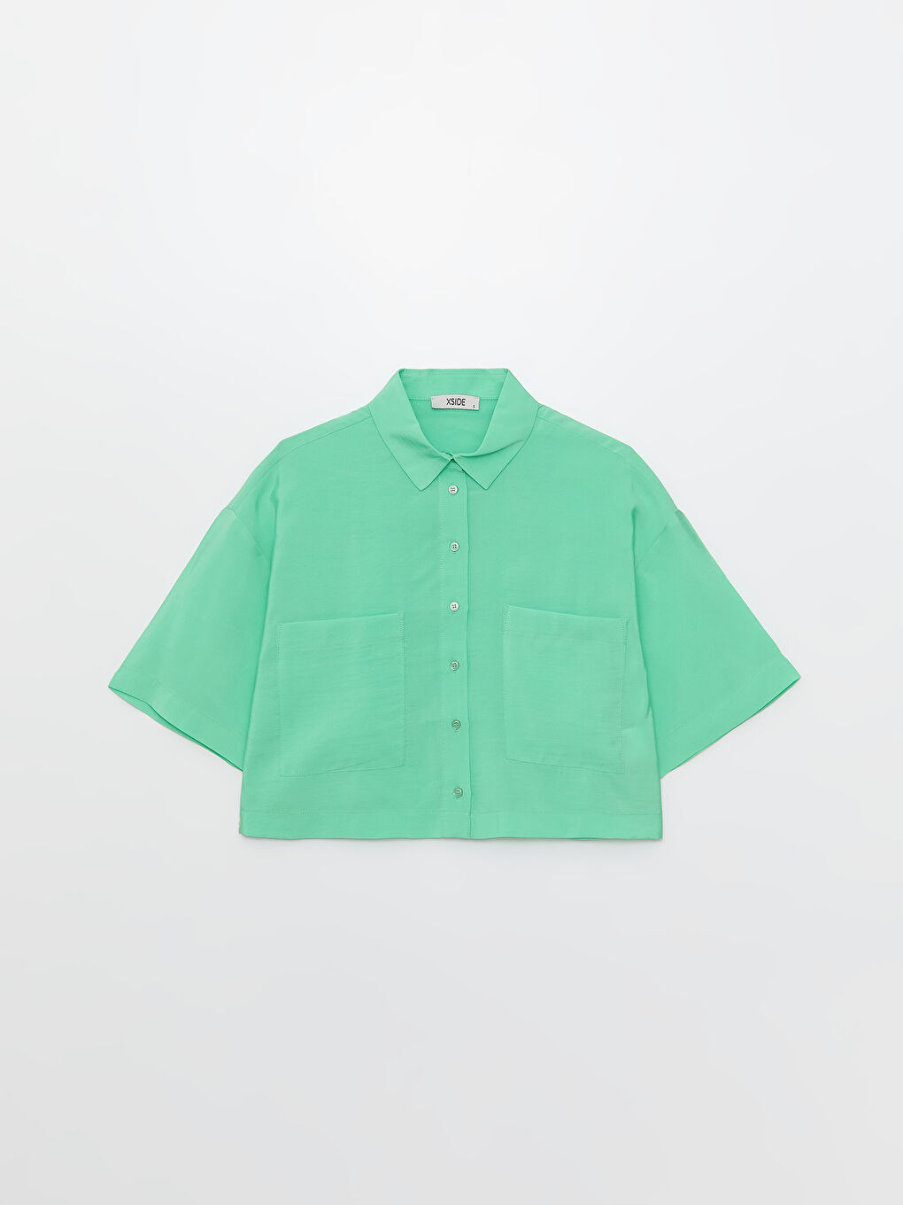 Yeşil Cep Detaylı Kısa Kollu Kadın Crop Gömlek-5