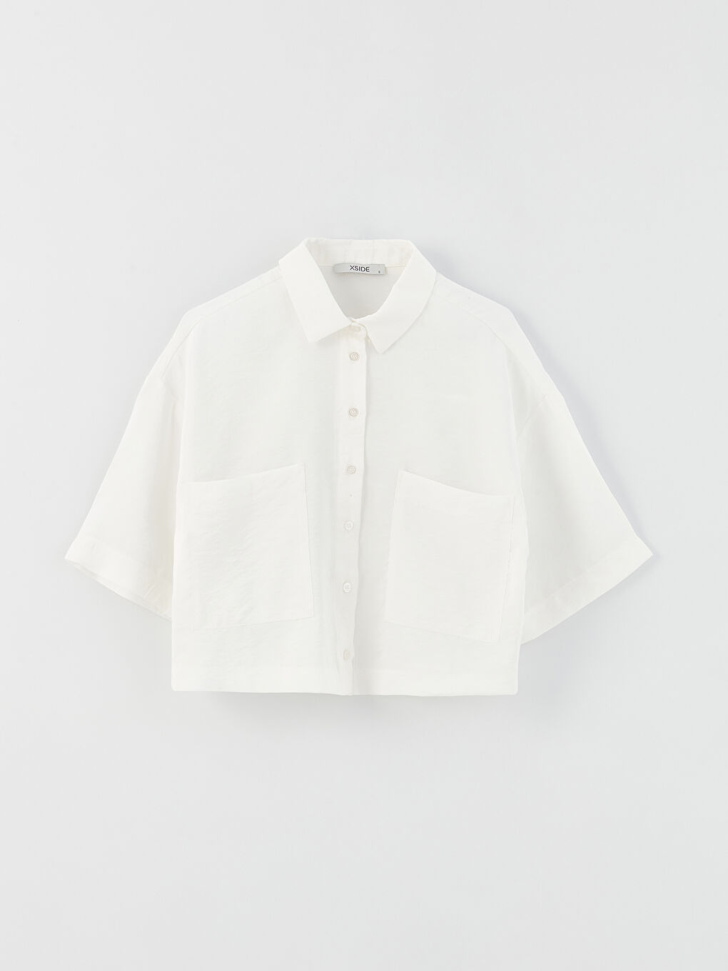 Beyaz Cep Detaylı Kısa Kollu Kadın Crop Gömlek-5