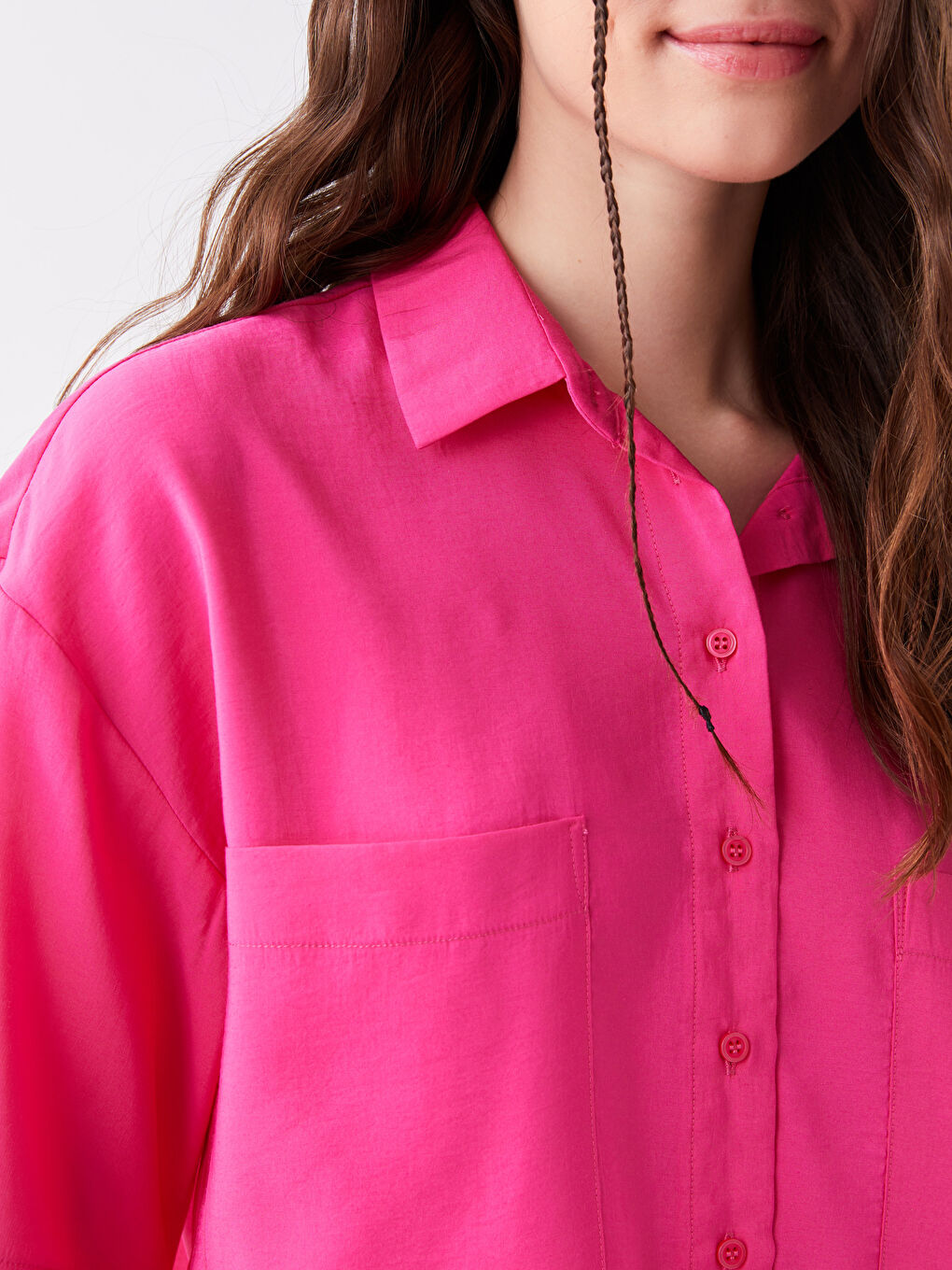 Fuşya Cep Detaylı Kısa Kollu Kadın Crop Gömlek-3