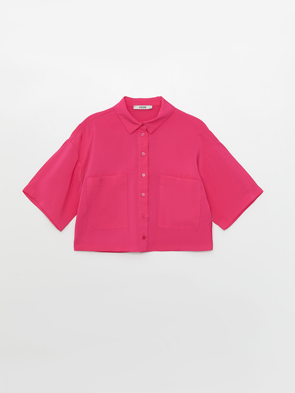 Fuşya Cep Detaylı Kısa Kollu Kadın Crop Gömlek-5