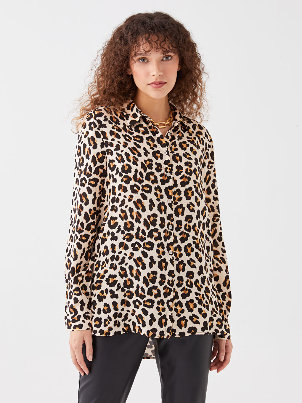 Kahverengi Desenli Uzun Kollu Kadın Gömlek