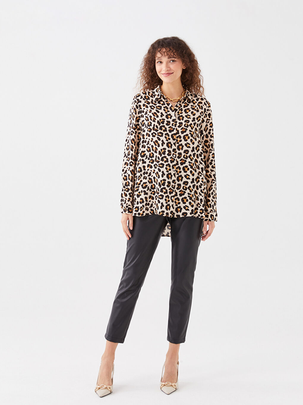 Kahverengi Desenli Uzun Kollu Kadın Gömlek-1