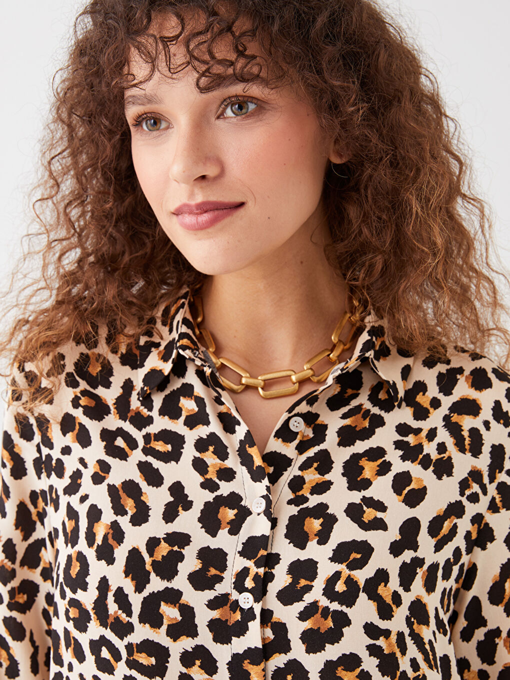 Kahverengi Desenli Uzun Kollu Kadın Gömlek-2