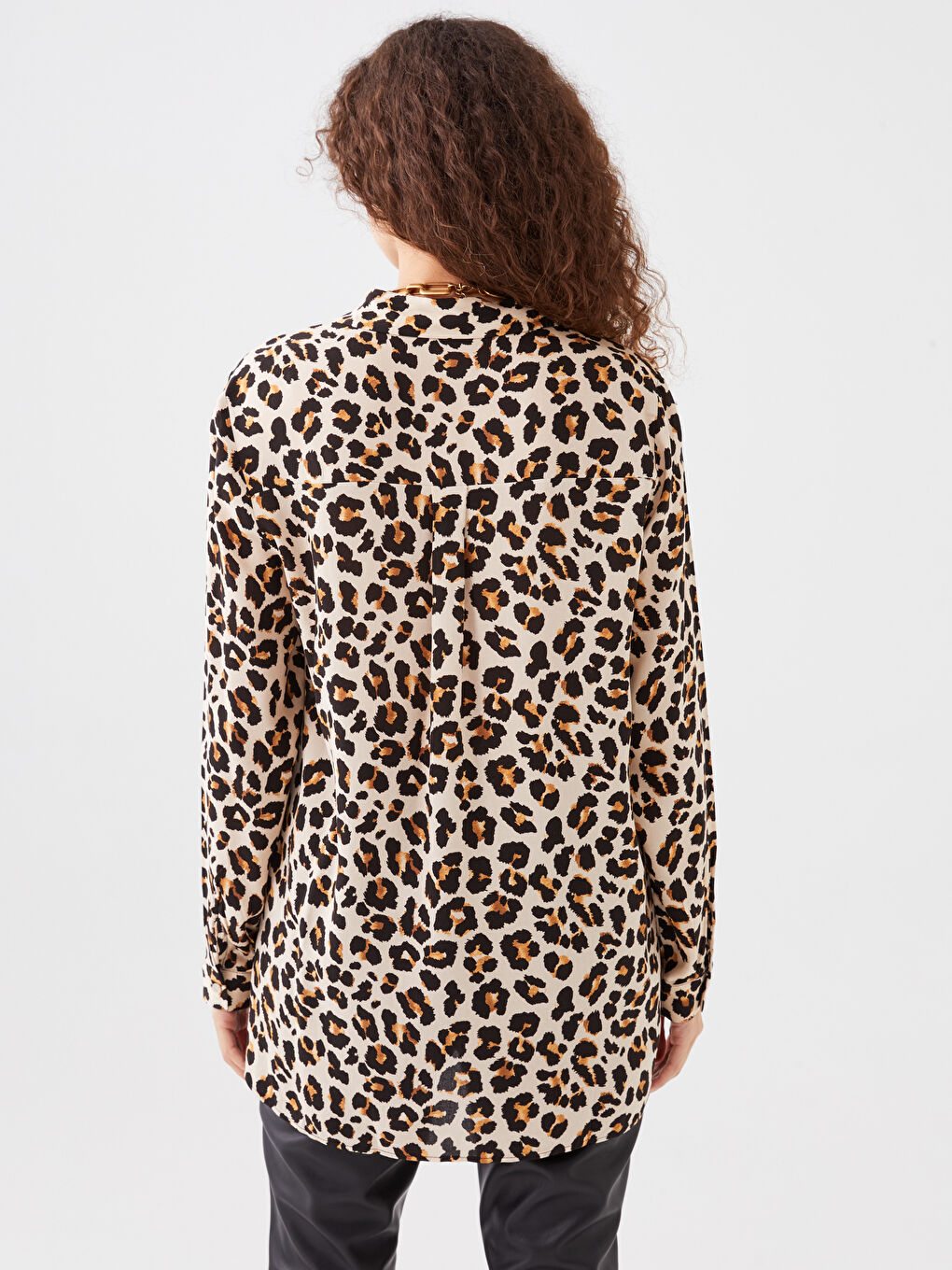 Kahverengi Desenli Uzun Kollu Kadın Gömlek-4