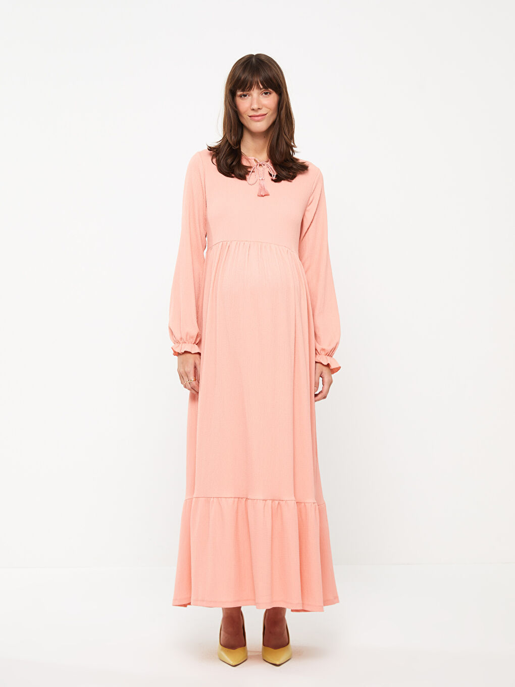 فستان حمل كم طويل سادة بياقة مربوطة-1