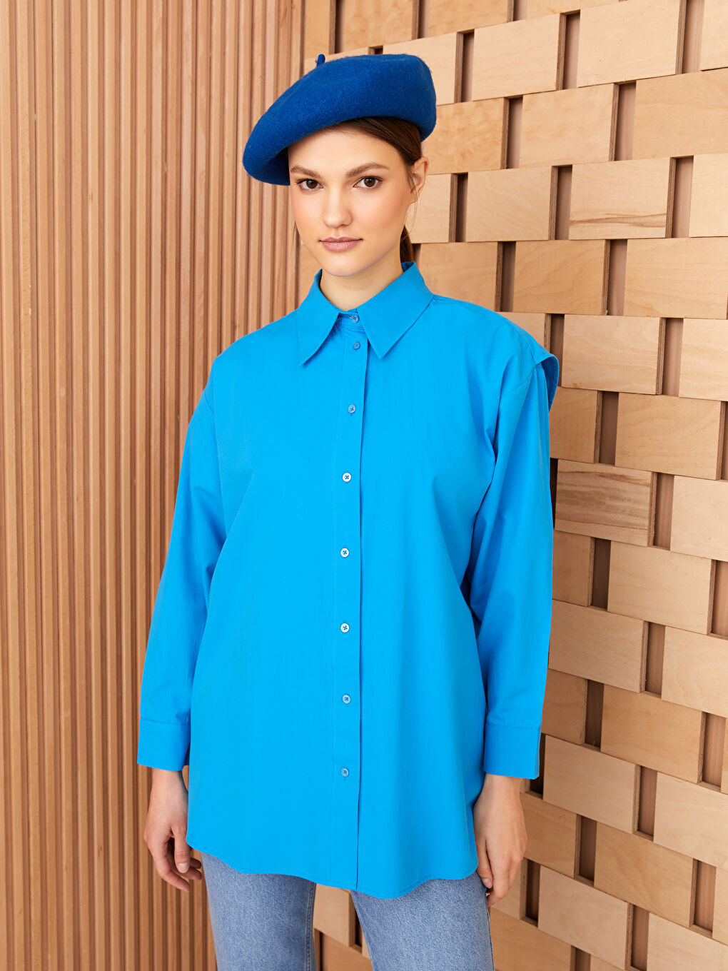 Однотонная рубашка-туника из поплина с длинным рукавом оверсайз для женщин-1