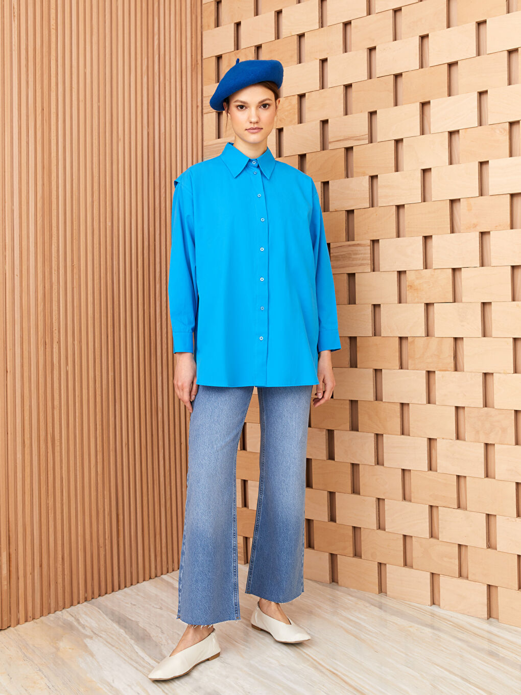 Однотонная рубашка-туника из поплина с длинным рукавом оверсайз для женщин-2