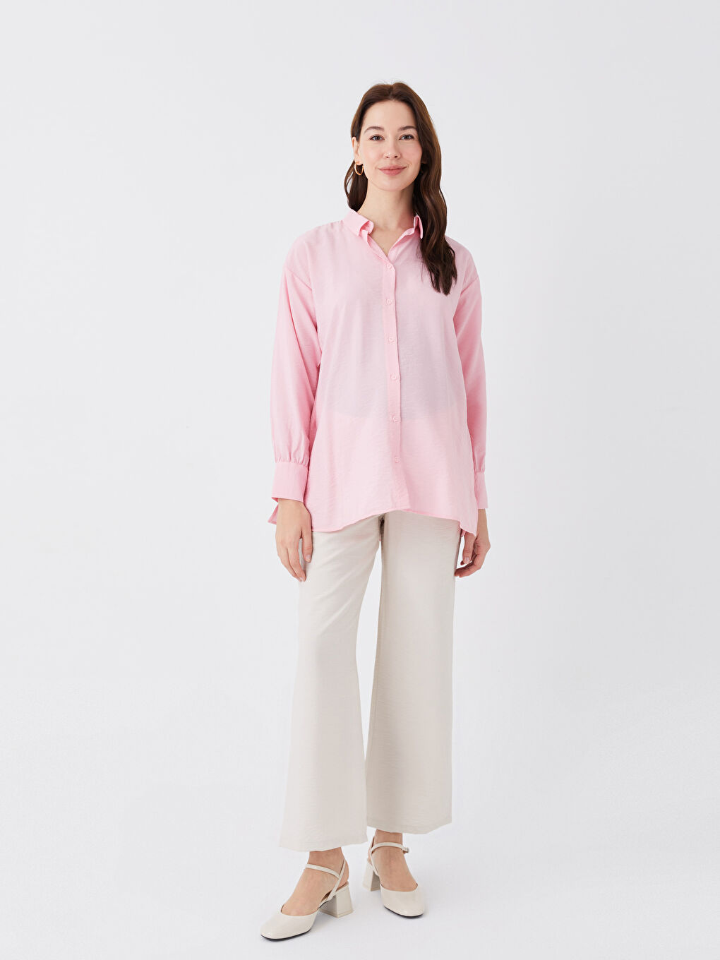 Bej Beli Lastikli Düz Geniş Paça Hamile Pantolon-1