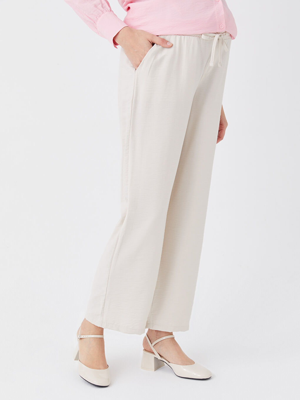 Bej Beli Lastikli Düz Geniş Paça Hamile Pantolon-2