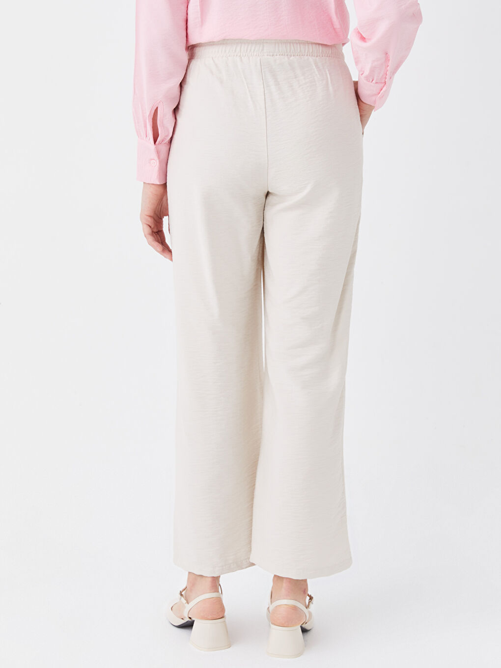 Bej Beli Lastikli Düz Geniş Paça Hamile Pantolon-4