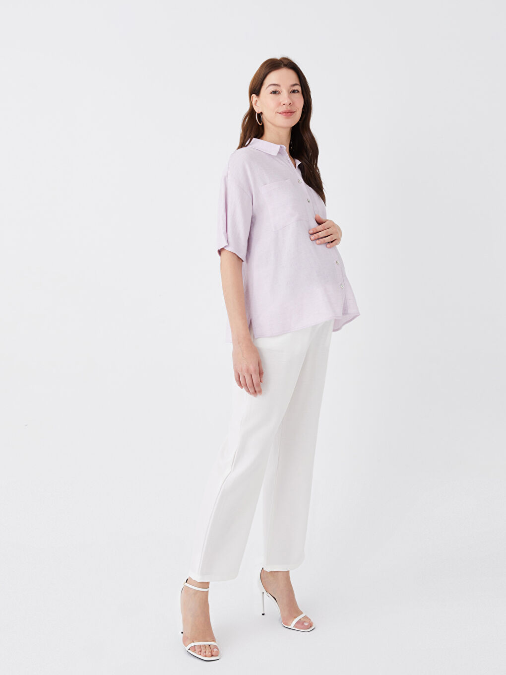 Ekru Beli Lastikli Düz Geniş Paça Hamile Pantolon