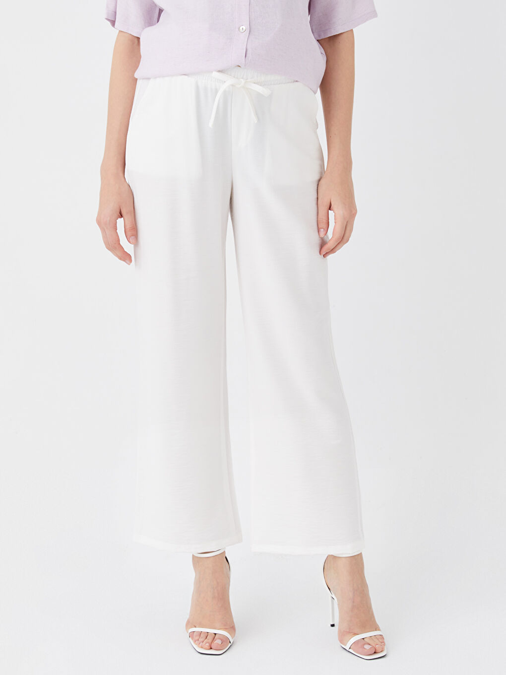 Ekru Beli Lastikli Düz Geniş Paça Hamile Pantolon-2