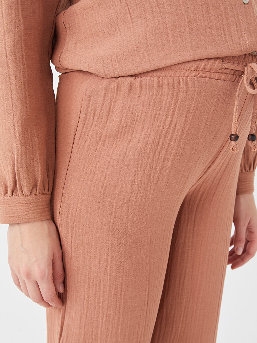 Kahverengi Beli Lastikli Düz Müslin Hamile Pantolon-3