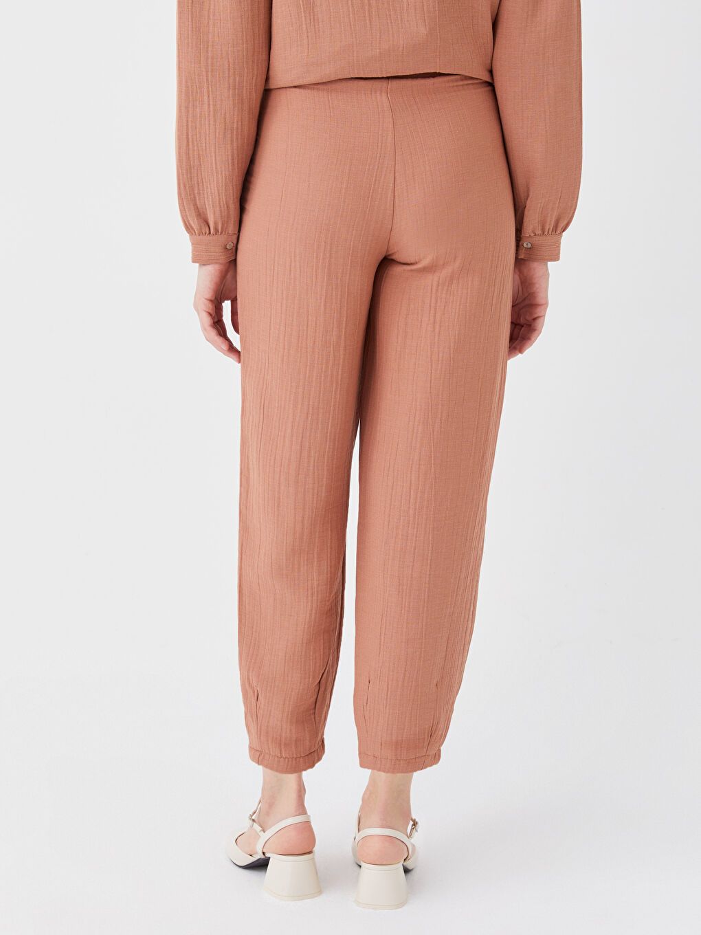 Kahverengi Beli Lastikli Düz Müslin Hamile Pantolon-4