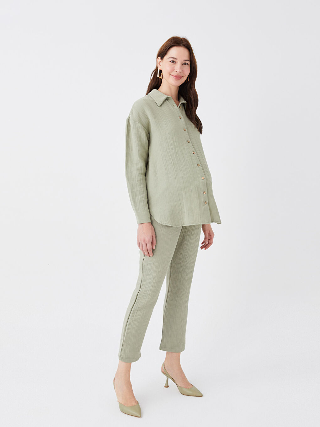 Yeşil Beli Lastikli Düz Müslin Kadın Pantolon-1