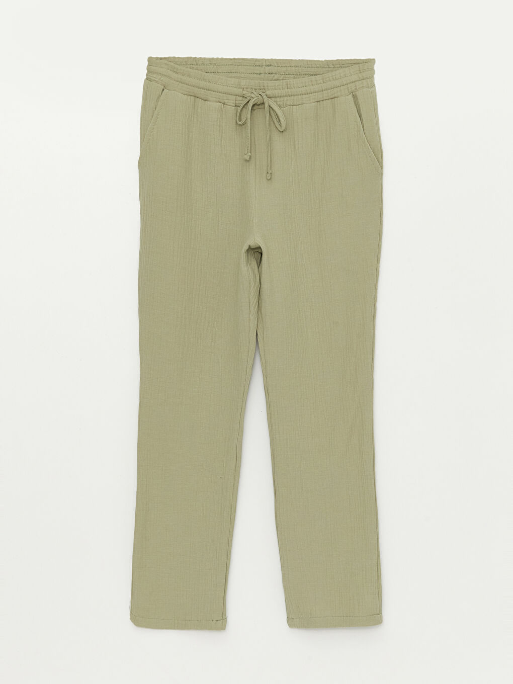 Yeşil Beli Lastikli Düz Müslin Kadın Pantolon-5