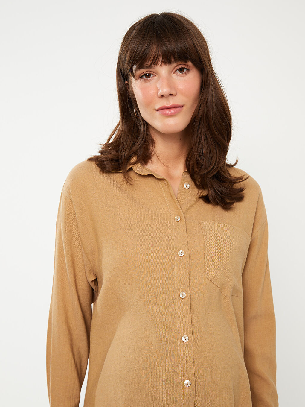 Plain Long Sleeve Linen Blend Maternity Shirt -S3FK51Z8-V50