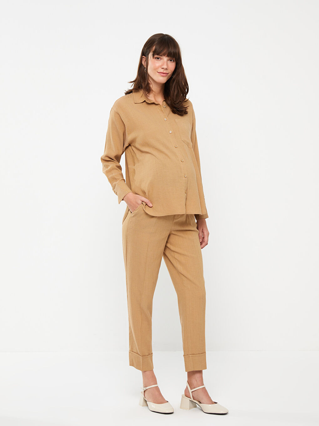 Plain Long Sleeve Linen Blend Maternity Shirt -S3FK51Z8-V50