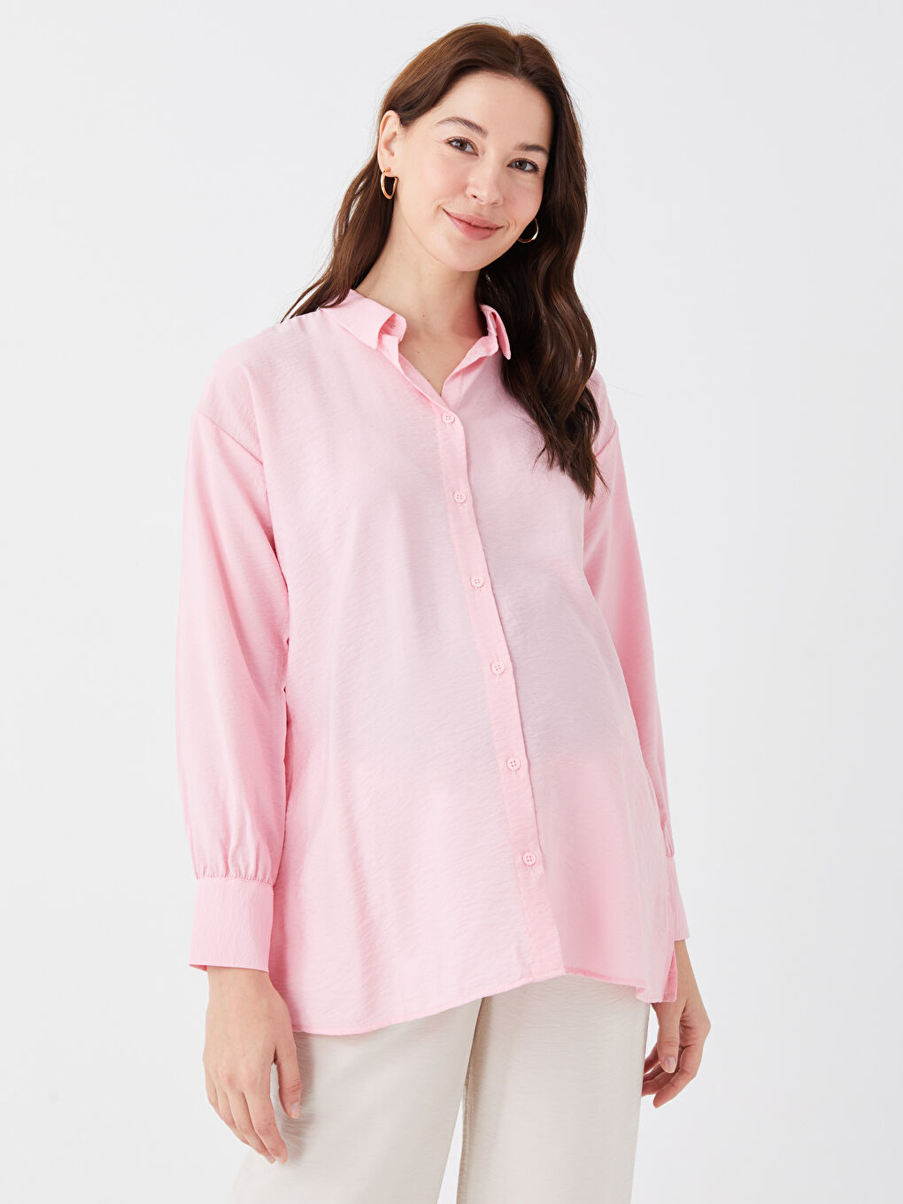 Tunique Chemise Maternité en Popeline à Manches Longues Unie