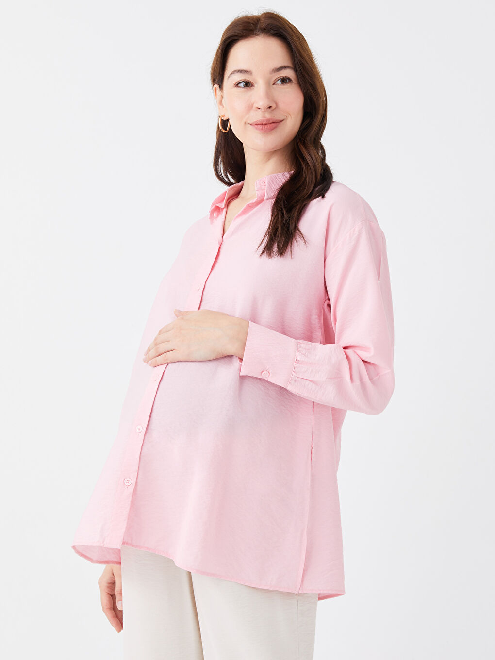 Tunique Chemise Maternité en Popeline à Manches Longues Unie-2