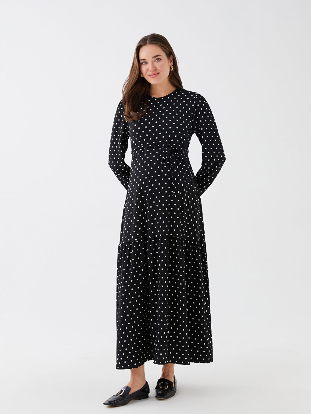 Siyah Bisiklet Yaka Puantiyeli Uzun Kollu Hamile Elbise