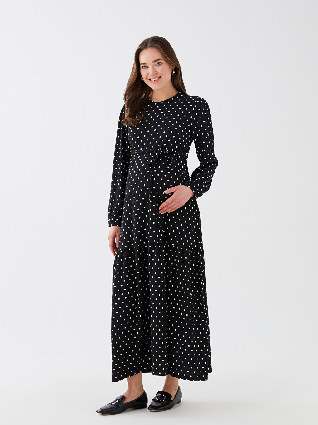 Siyah Bisiklet Yaka Puantiyeli Uzun Kollu Hamile Elbise-1