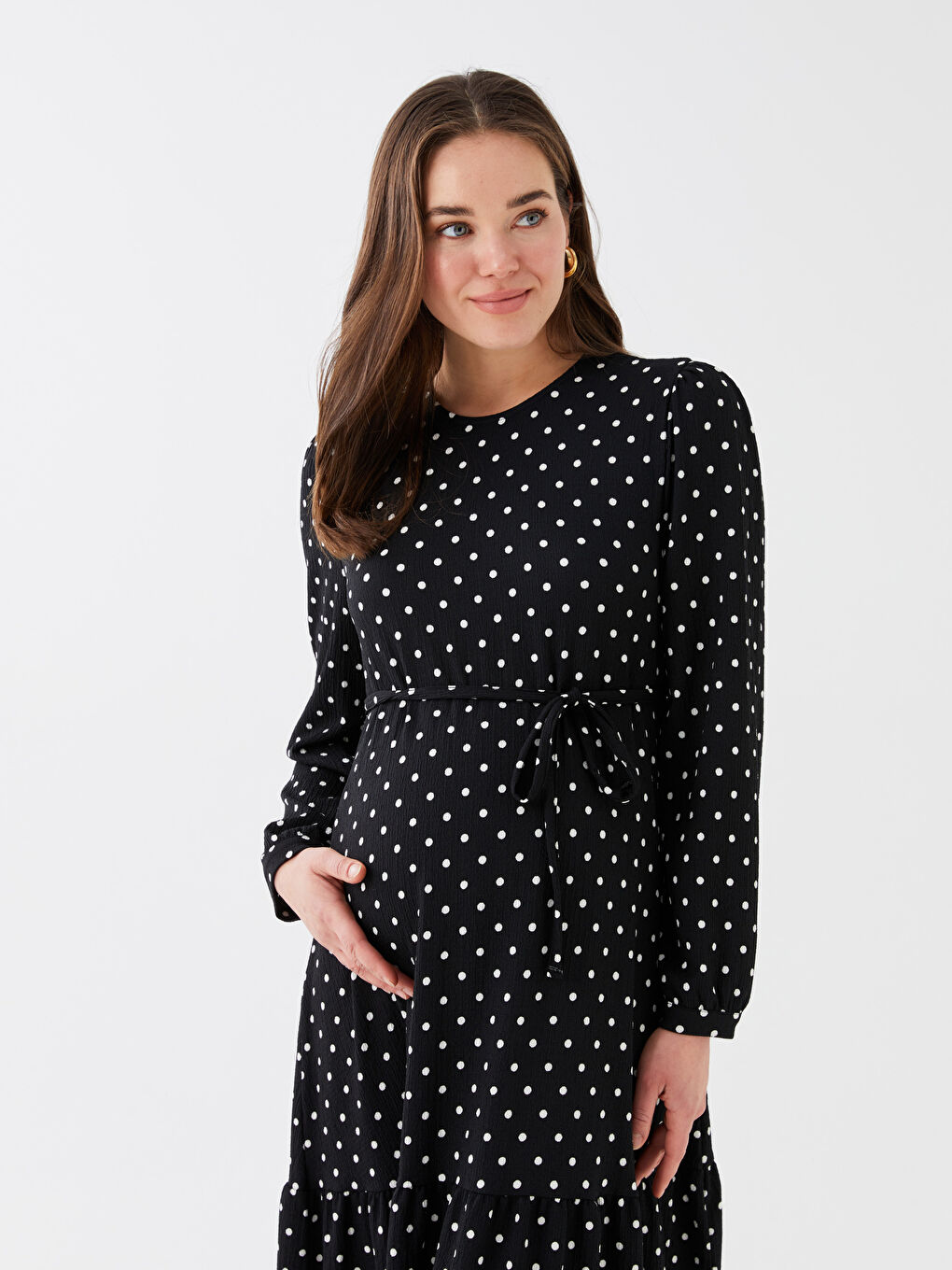 Siyah Bisiklet Yaka Puantiyeli Uzun Kollu Hamile Elbise-2