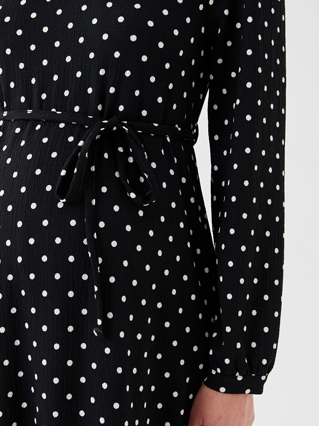 Siyah Bisiklet Yaka Puantiyeli Uzun Kollu Hamile Elbise-3