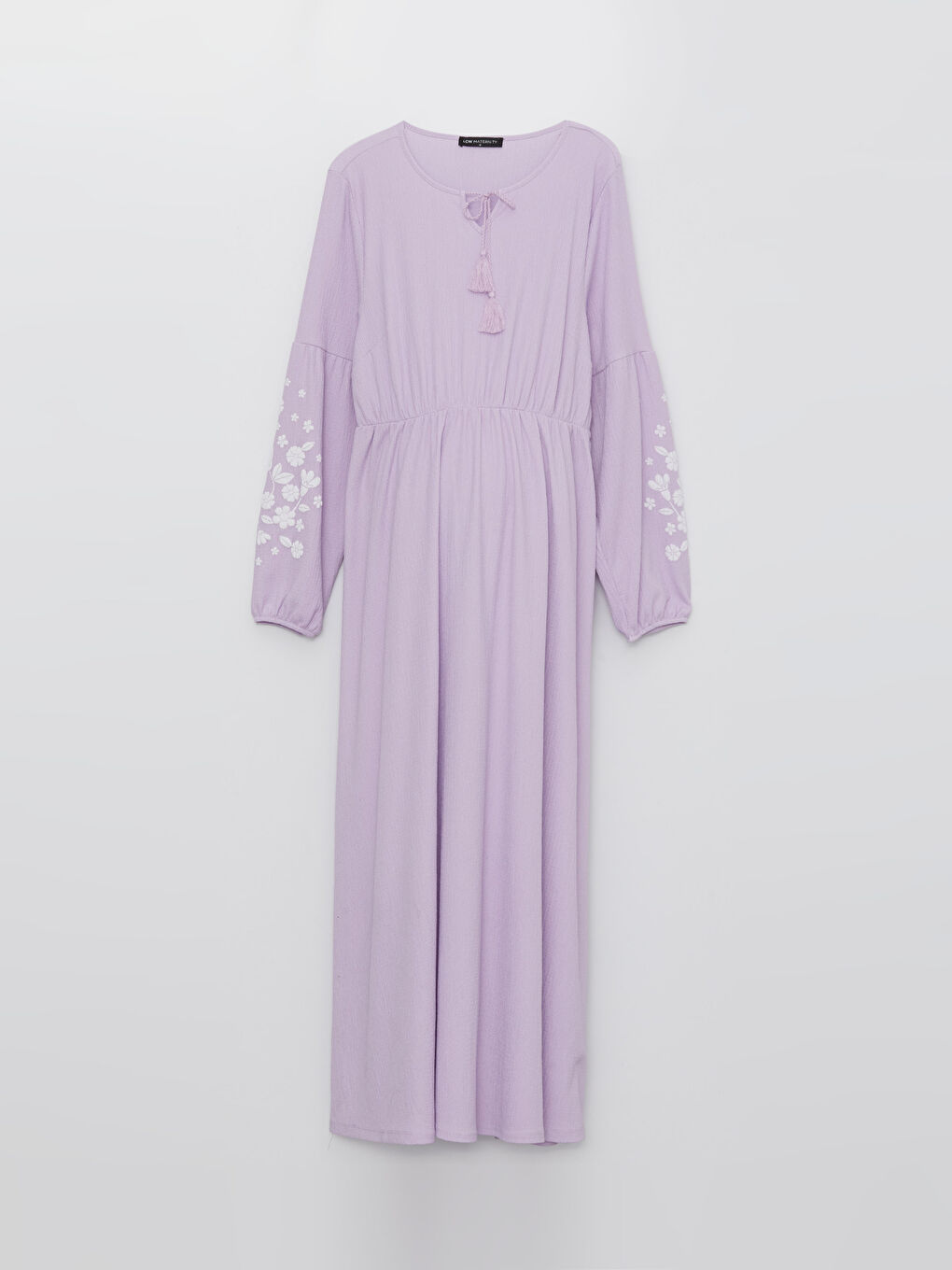 فستان حمل بياقة مربوطة كم طويل كِشكِش سادة-5