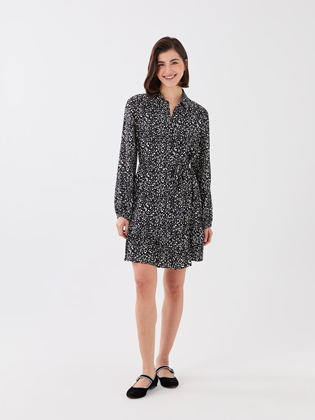 Patterned Long Sleeve Women's Shirt Dress-1