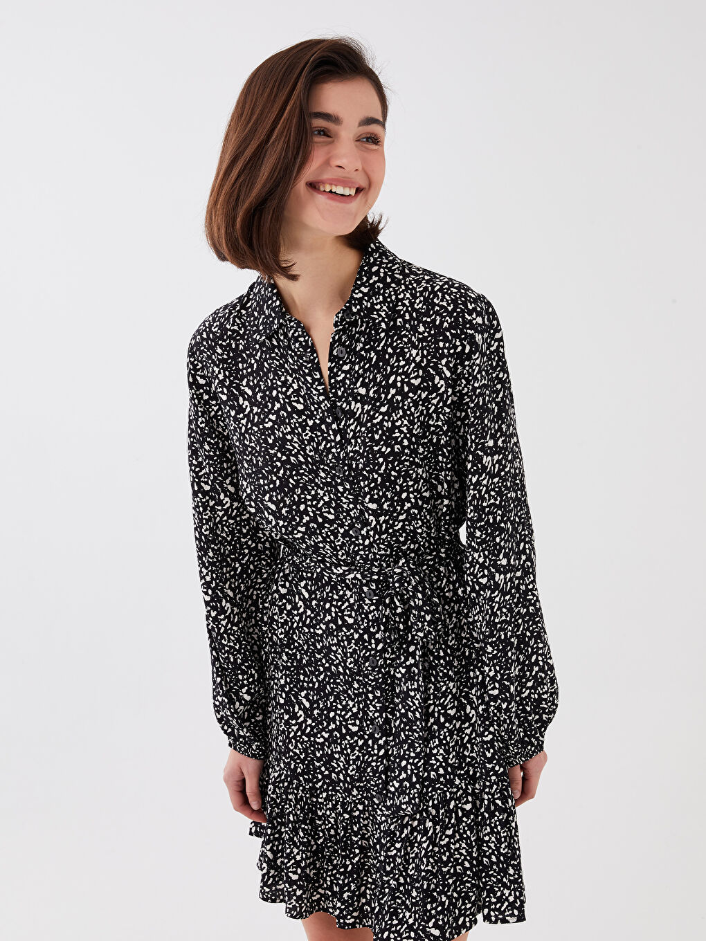 Patterned Long Sleeve Women's Shirt Dress-2