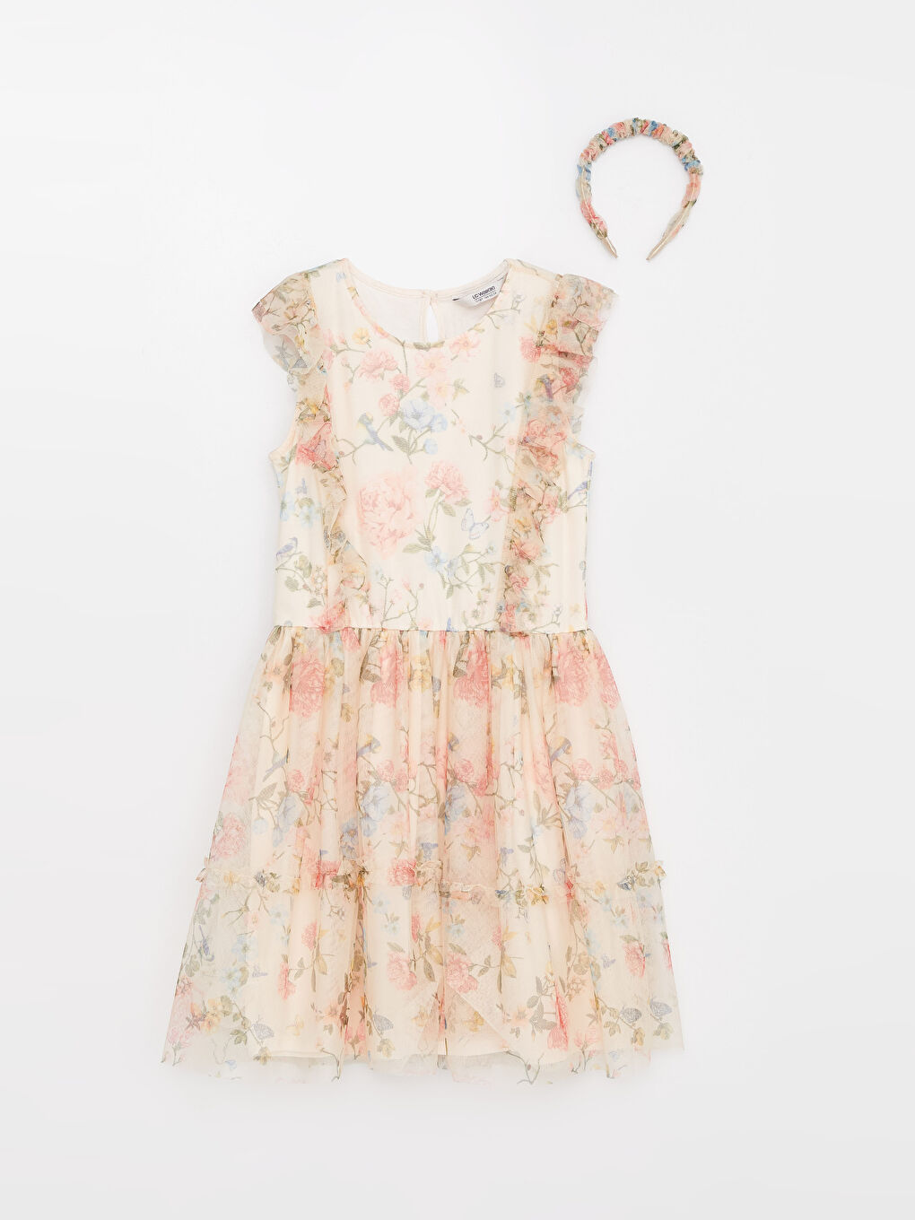 Ekru Bisiklet Yaka Kız Çocuk Elbise ve Taç