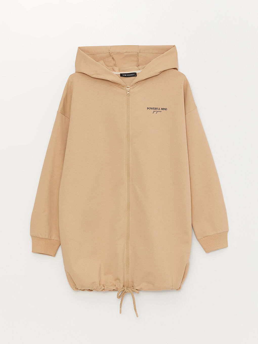 Bej Kapüşonlu Baskılı Uzun Kollu Oversize Kadın Spor Hırka-5