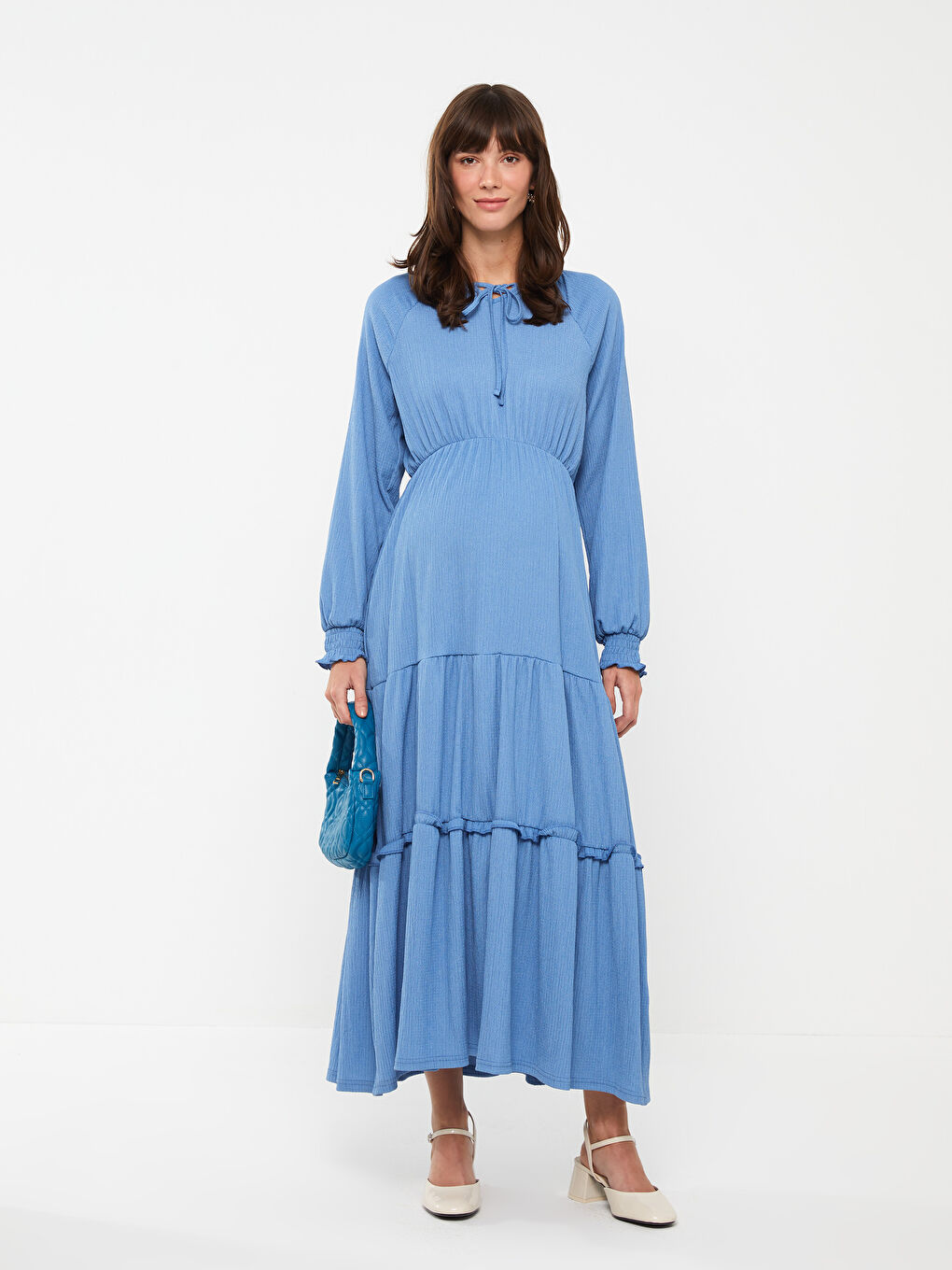 Tie Neck Plain Long Sleeve Maternity Dress