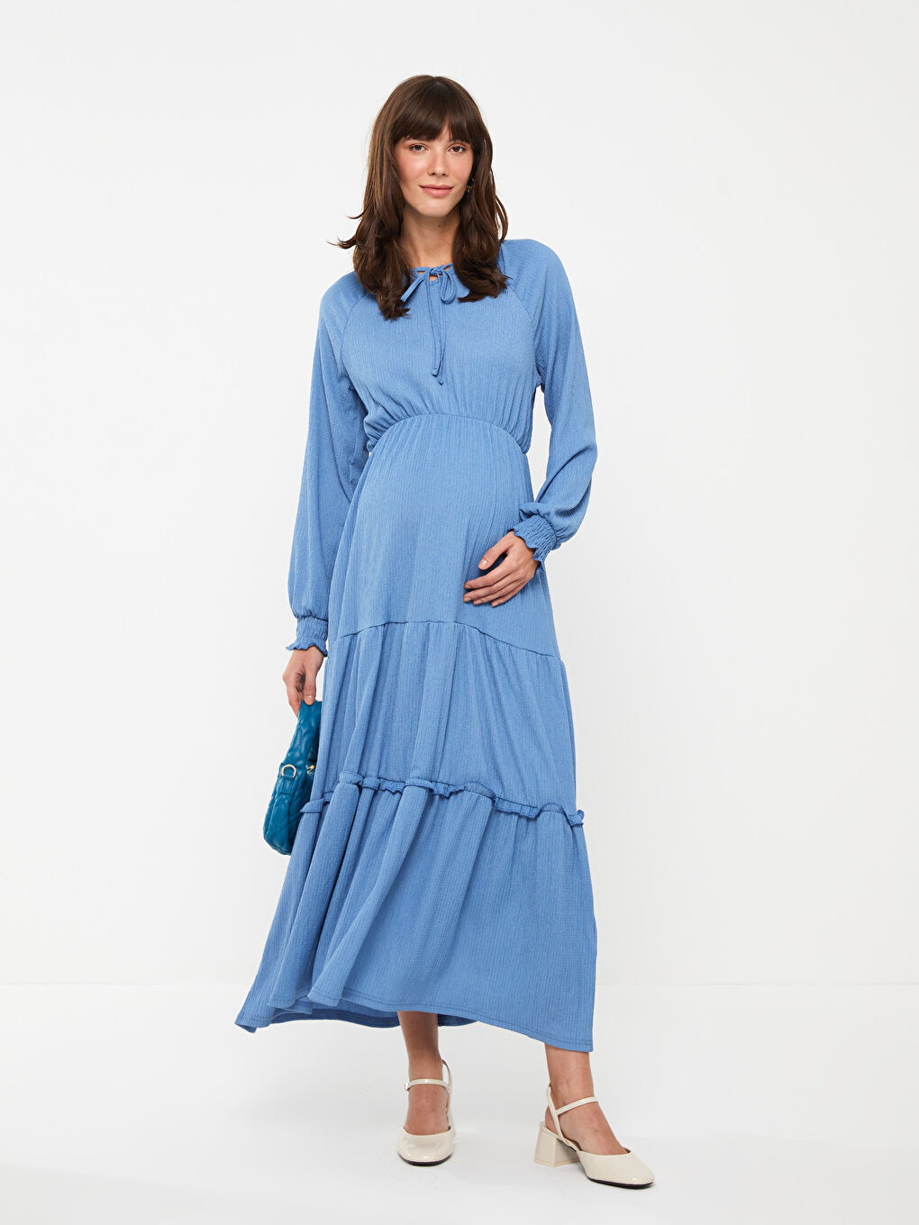 Tie Neck Plain Long Sleeve Maternity Dress-2