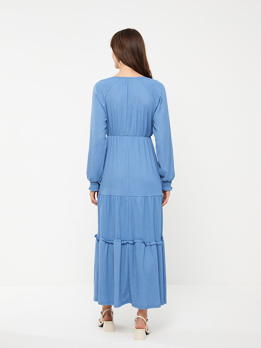 Tie Neck Plain Long Sleeve Maternity Dress-8