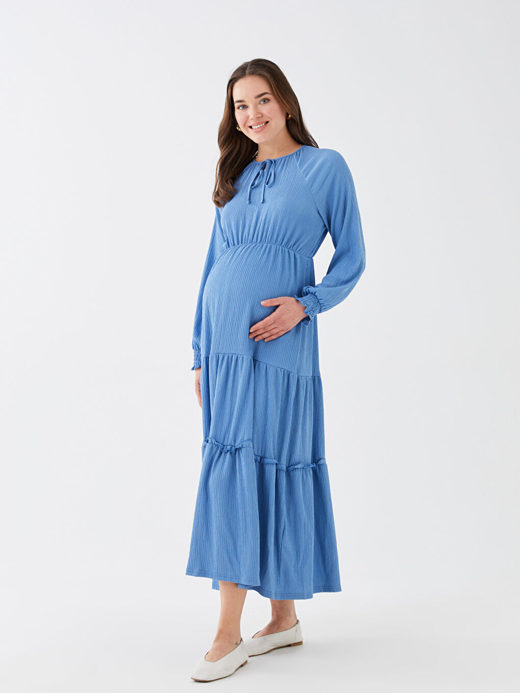 Tie Neck Plain Long Sleeve Maternity Dress-1