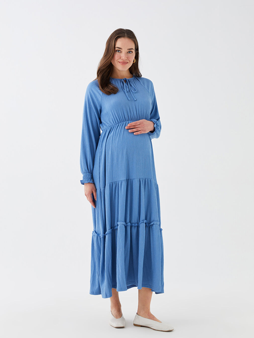 Tie Neck Plain Long Sleeve Maternity Dress-3