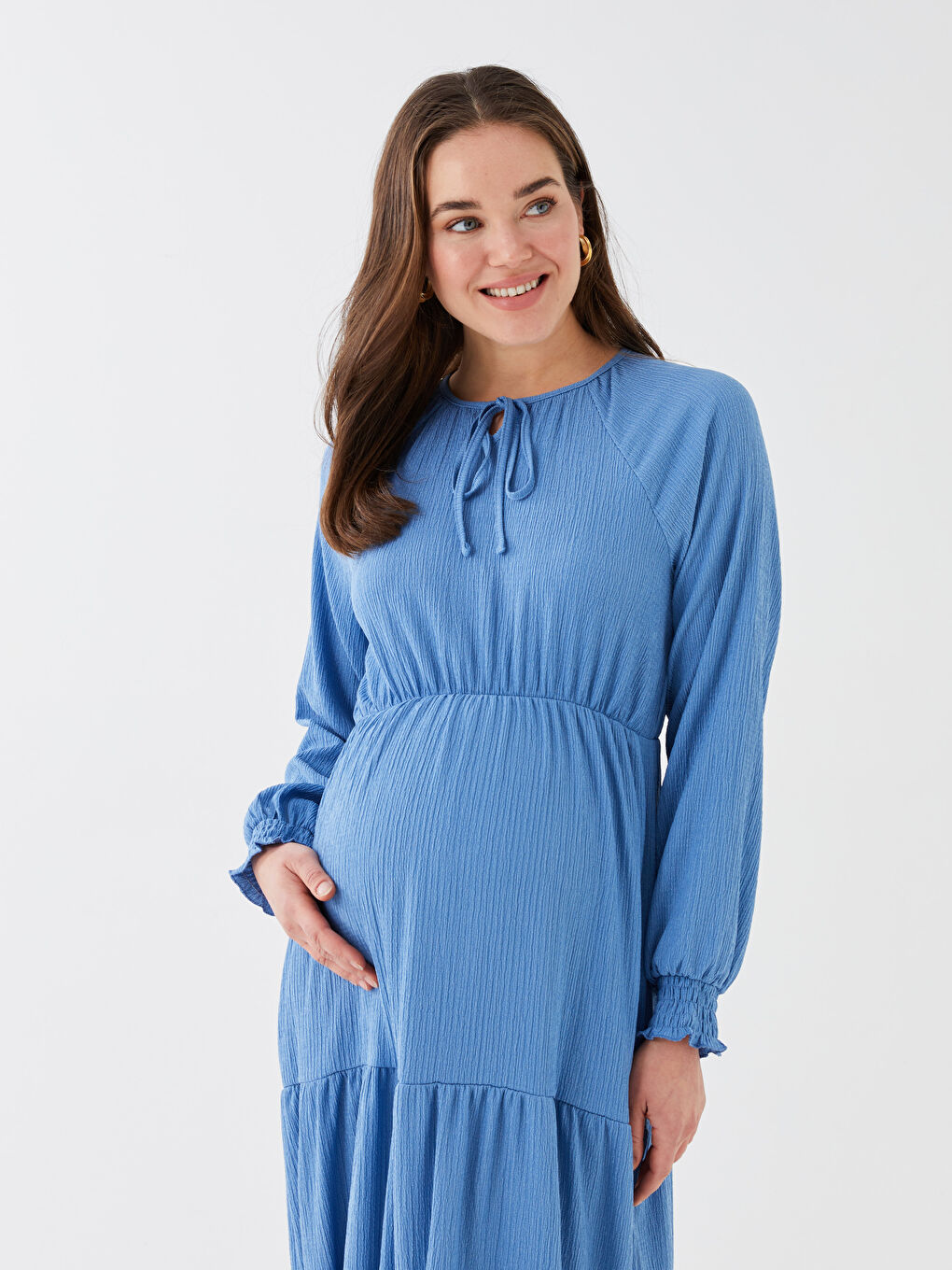Tie Neck Plain Long Sleeve Maternity Dress-5