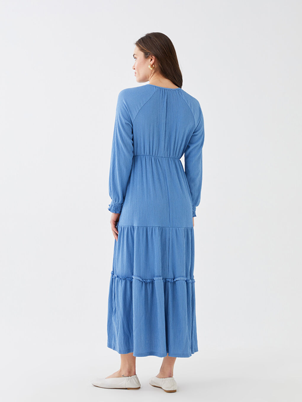 Tie Neck Plain Long Sleeve Maternity Dress-7