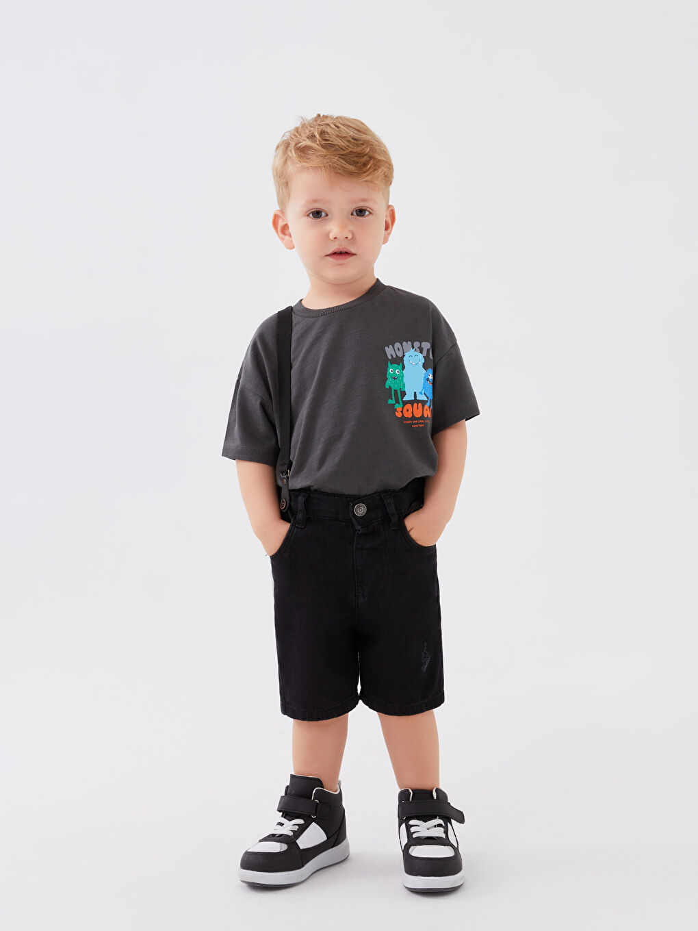 Antrasit Bisiklet Yaka Kısa Kollu Baskılı Erkek Bebek Tişört-1