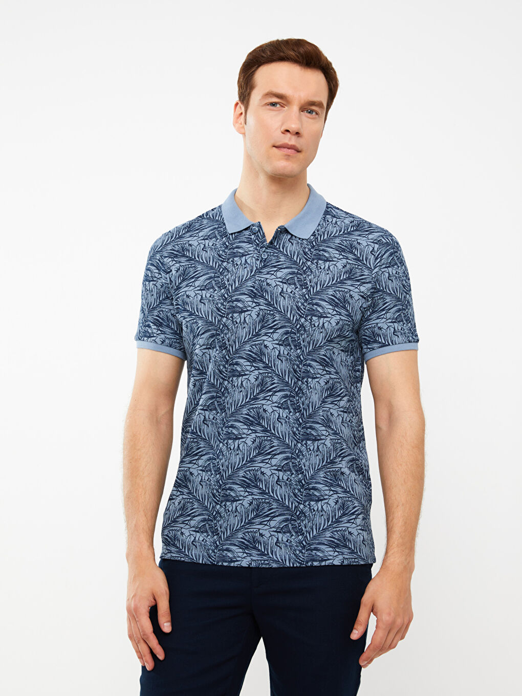 Lacivert Polo Yaka Kısa Kollu Desenli Pike Erkek Tişört